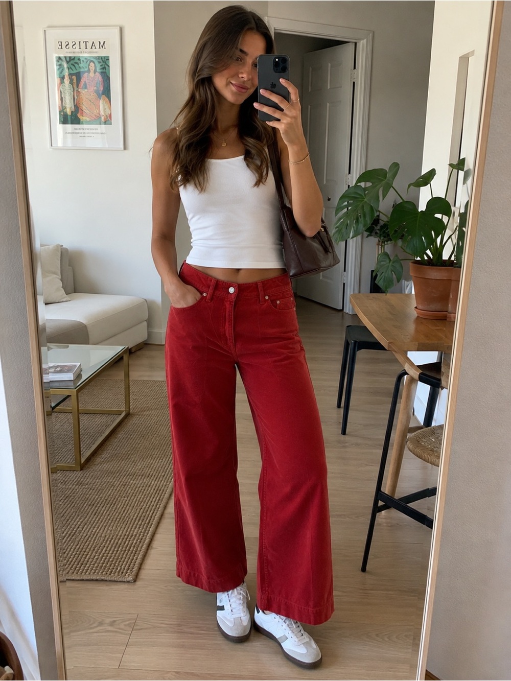 ANN MASHBURN Wide-Leg High-Rise Pants — Red